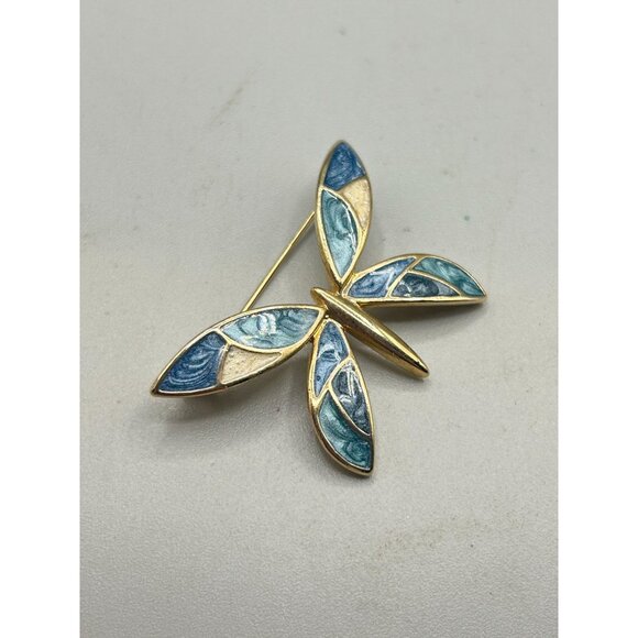 Signed LC Liz Claiborne Enameled Butterfly Pin Brooch 80s Blue Swirls Gold Tone - Picture 6 of 7